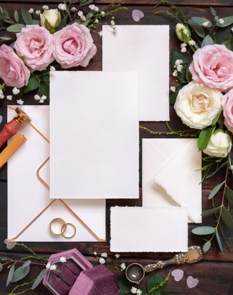 Card with the text SAVE THE DATE surrounded by pink flowers Cards and envelope between pink and cream roses on brown wood top view, wedding mockup. Romantic scene with cards, envelope, rings and pastel flowers flat lay. Valentines, Spring or Mothers day concept